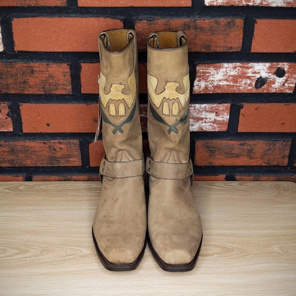 Men's Caborca Mexican Cowboy Boots 9.5 Leather VTG Custom Harness Biker Moto Tan - Picture 3 of 7